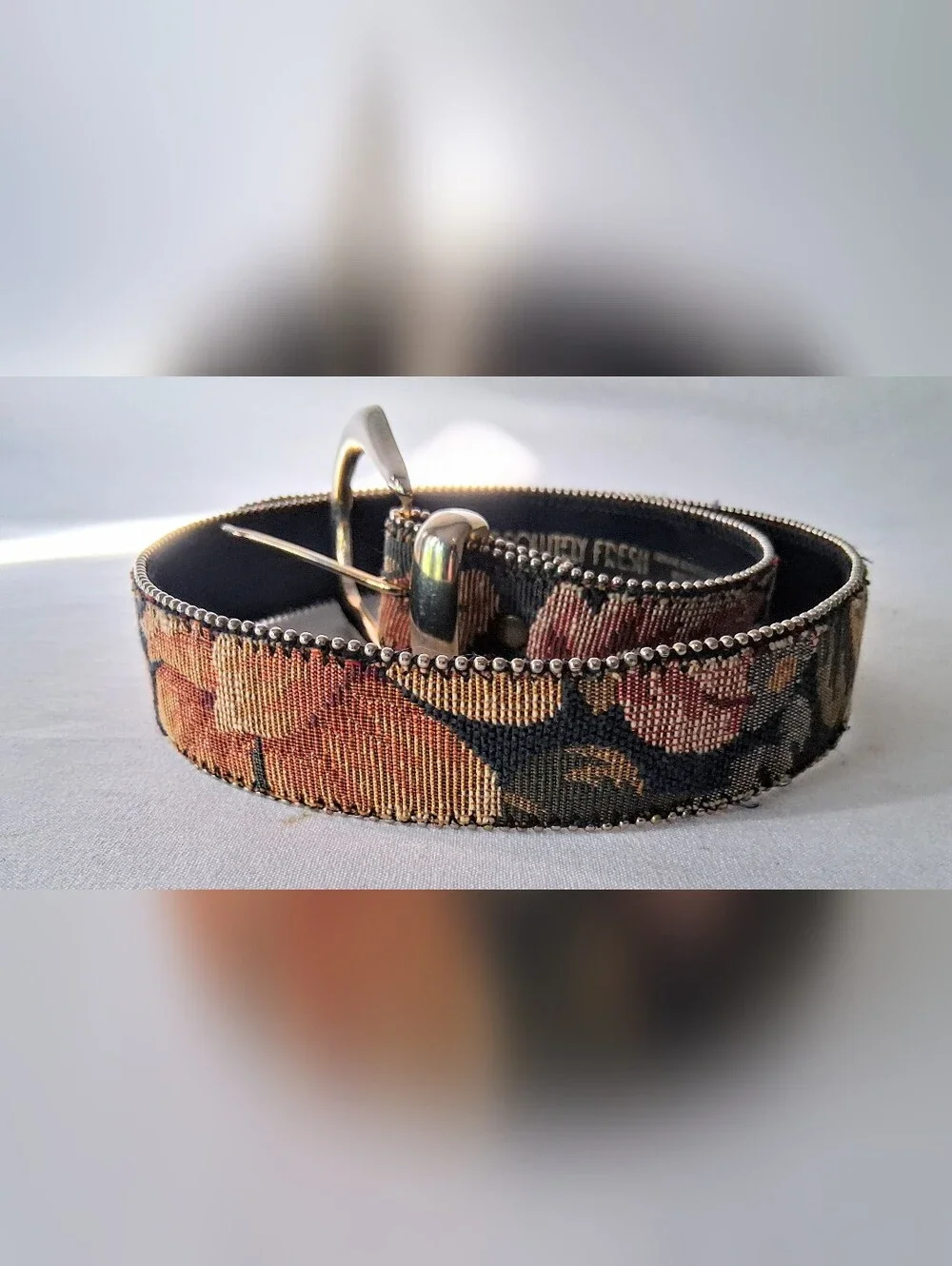 Vintage Floral Tapestry Belt - Beaded Detailed Edges - Leather - ML